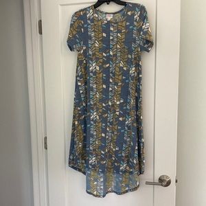 Small Lularoe Carly dress, tshirt material, varied blue shades and olive detail.